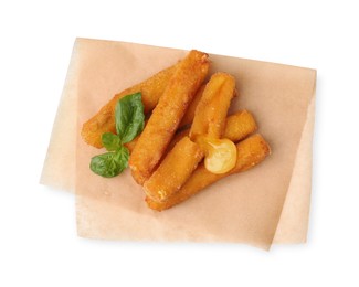 Photo of Tasty fried mozzarella sticks and basil isolated on white, top view