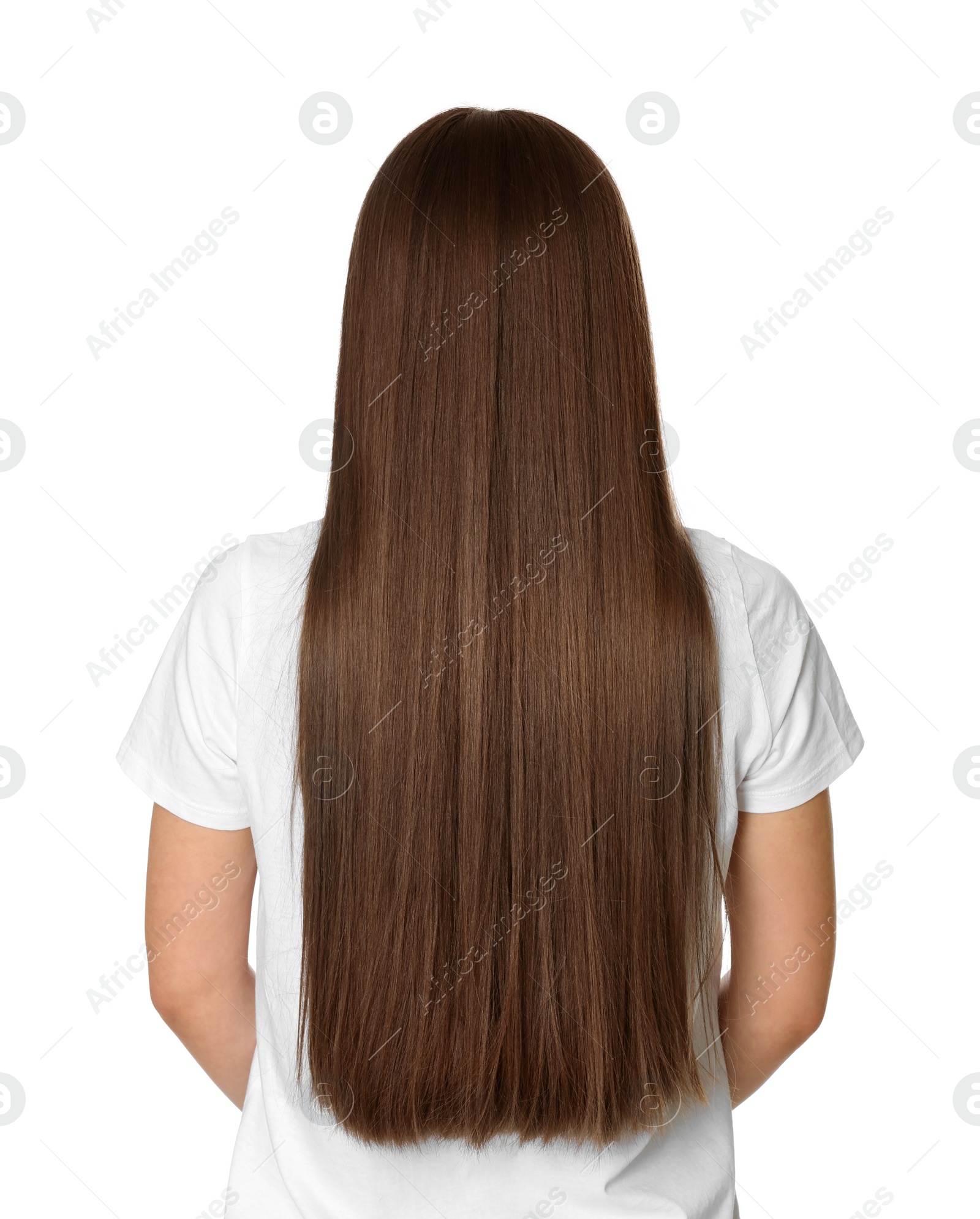 Photo of Woman with long brown hair on white background