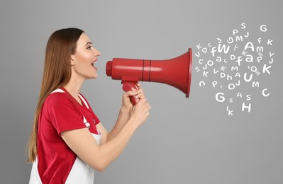 Image of Woman using megaphone on grey background. Letters flying out of device