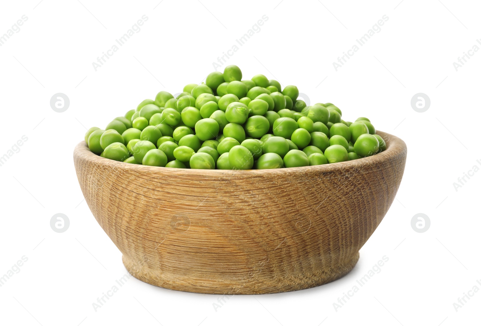 Photo of Fresh raw green peas in wooden bowl isolated on white