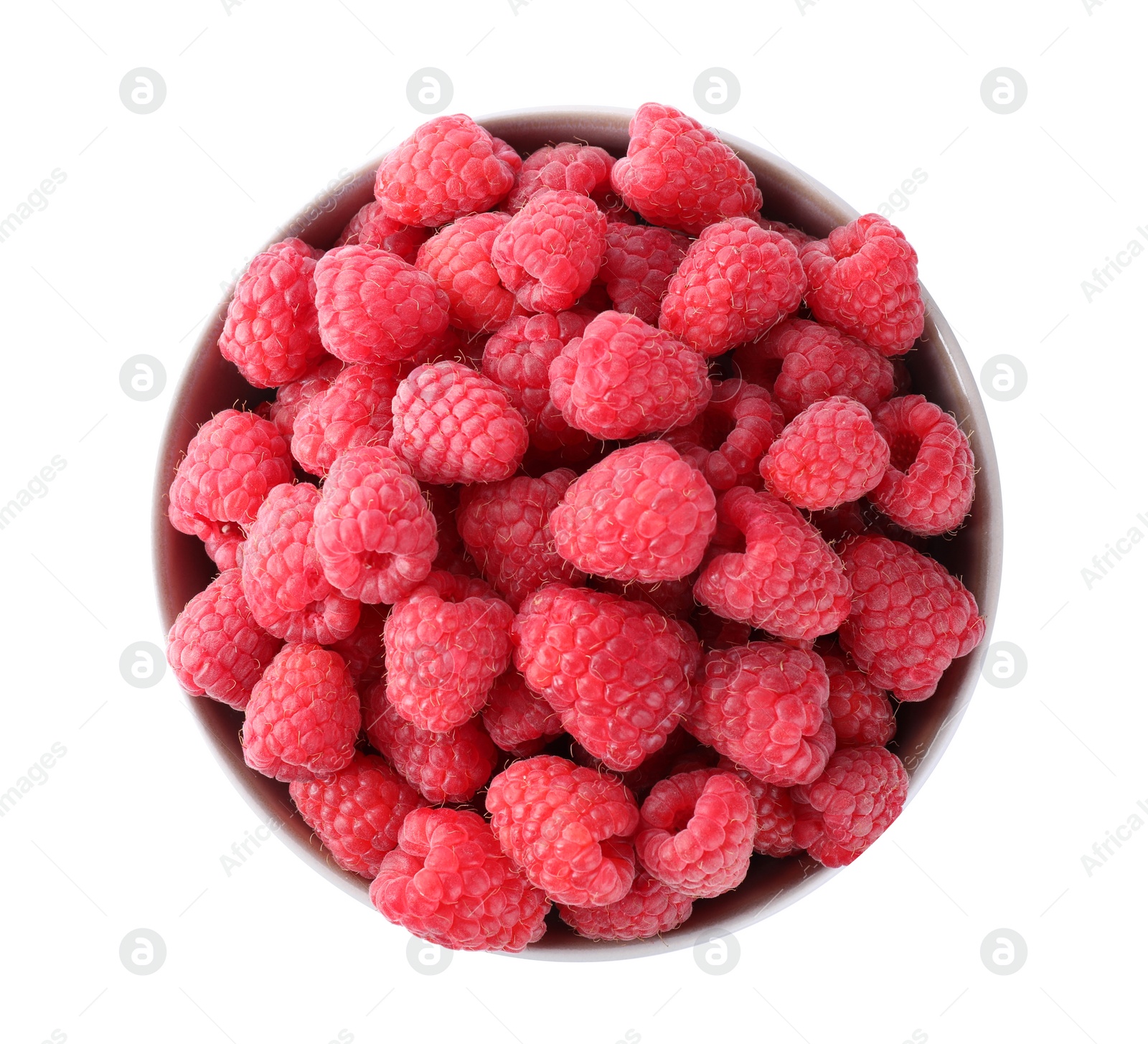 Photo of Delicious fresh ripe raspberries in bowl isolated on white, top view