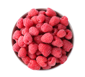 Delicious fresh ripe raspberries in bowl isolated on white, top view