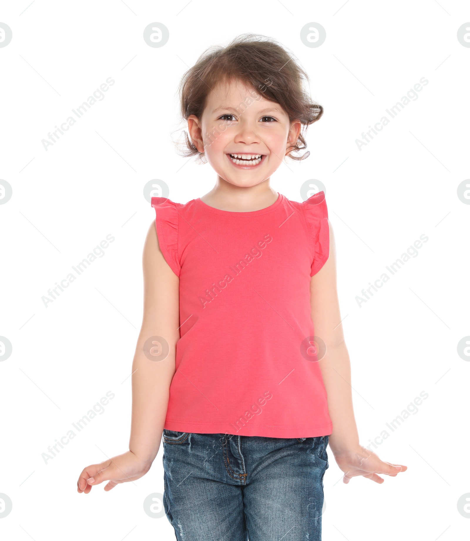 Photo of Portrait of happy little girl in casual outfit on white background