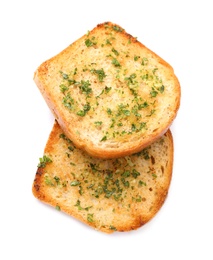 Photo of Slices of toasted bread with garlic and herbs on white background, top view