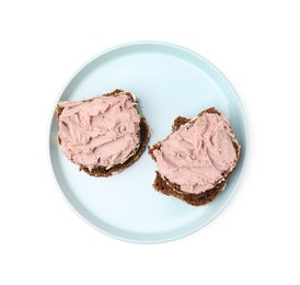 Photo of Plate with delicious liverwurst sandwiches isolated on white, top view