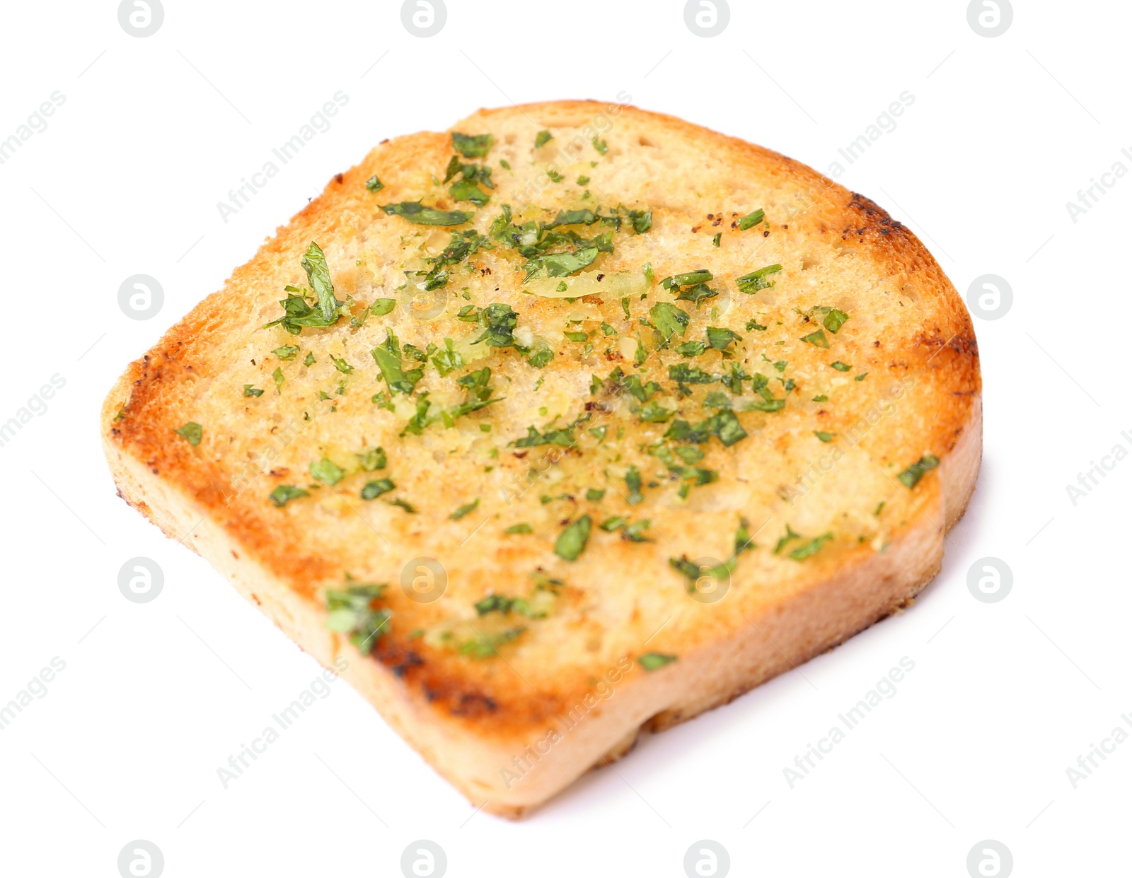 Photo of Slice of bread with garlic and herbs on white background