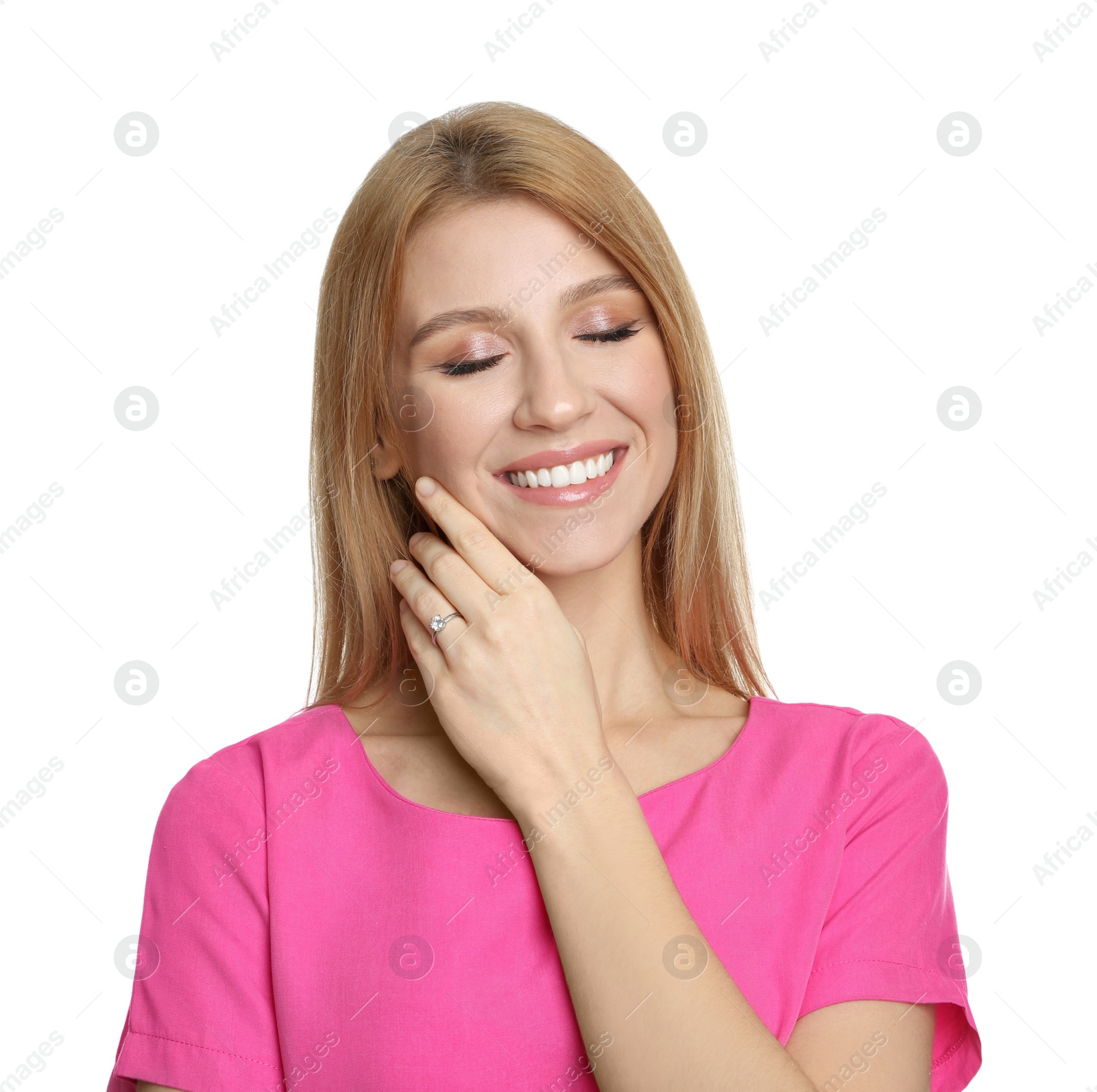 Photo of Happy woman with engagement ring on white background