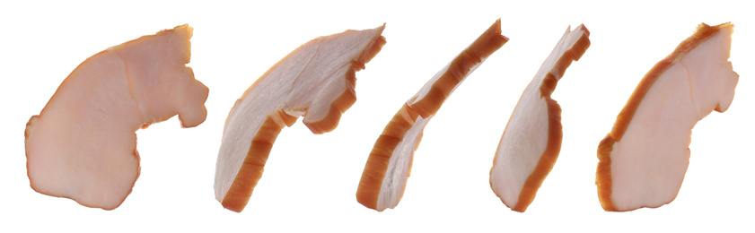 Image of Slices of delicious ham on white background, banner design
