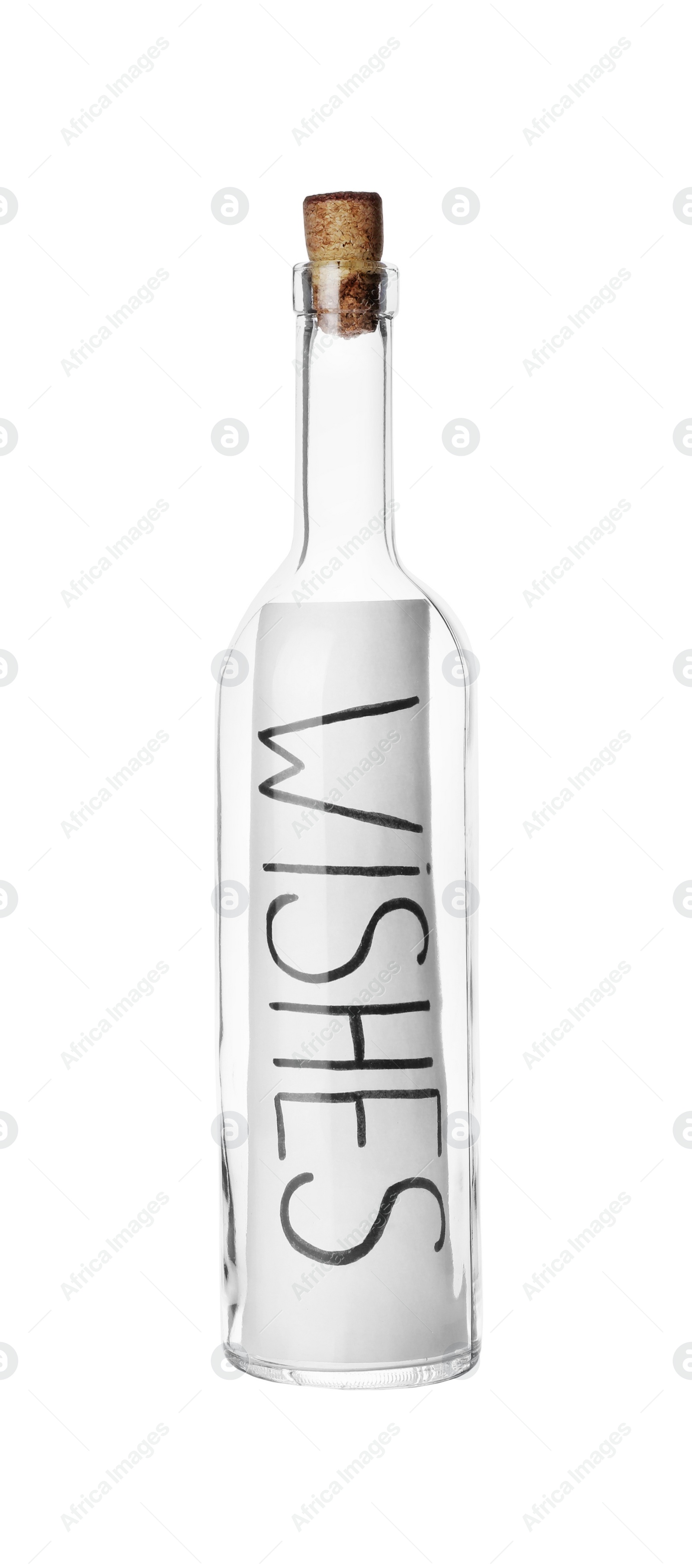 Photo of Corked glass bottle with Wishes note on white background