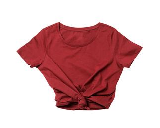 Modern dark red t-shirt isolated on white, top view