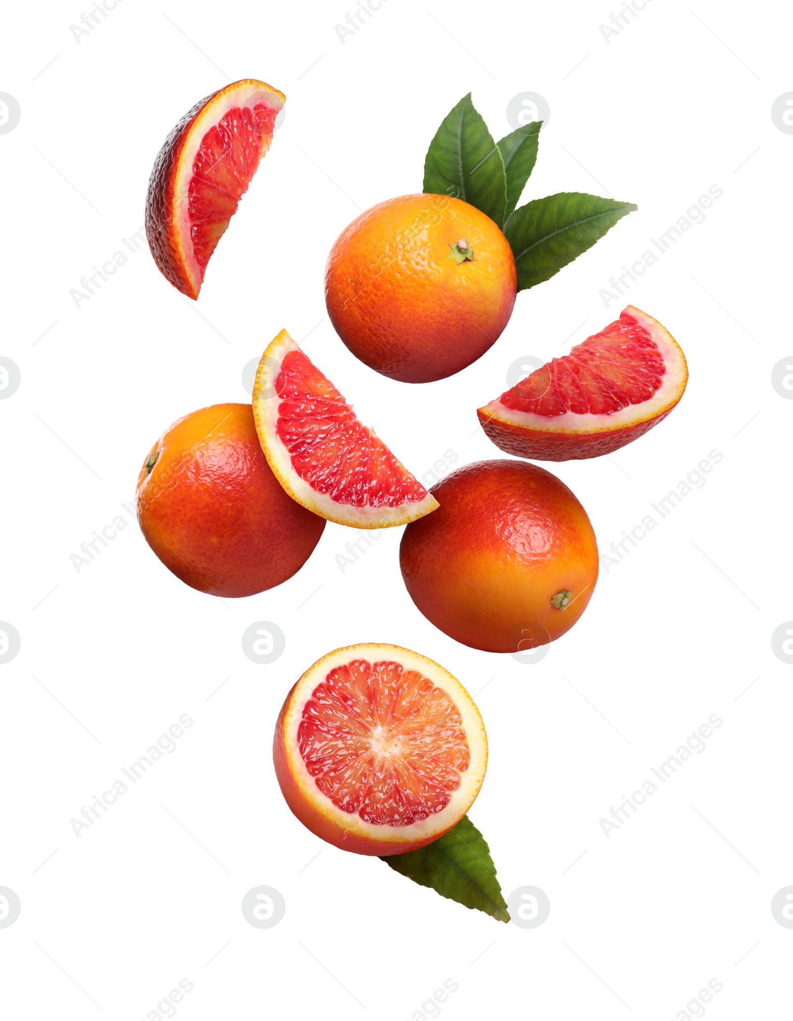 Image of Many tasty Sicilian oranges and green leaves falling on white background