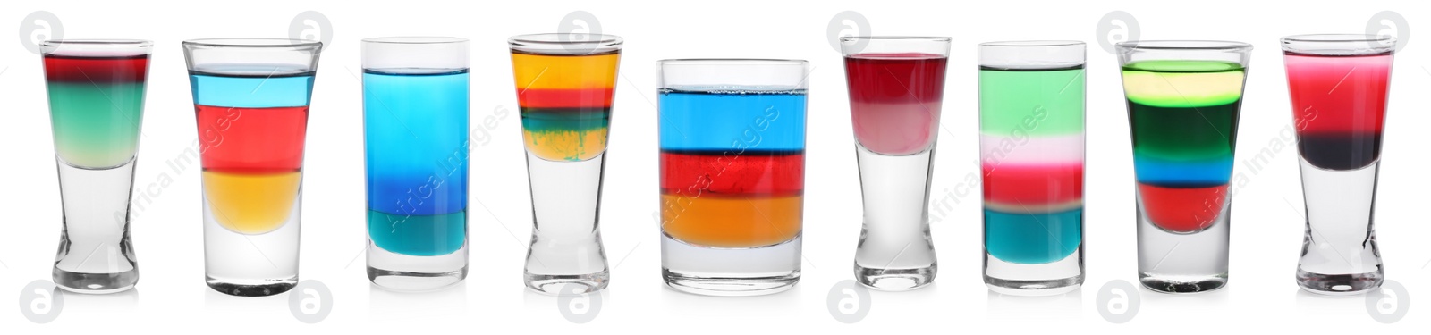 Image of Different shooters in shot glasses isolated on white, set