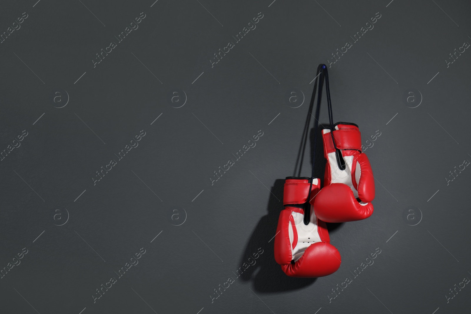 Photo of Pair of boxing gloves on grey background, space for text