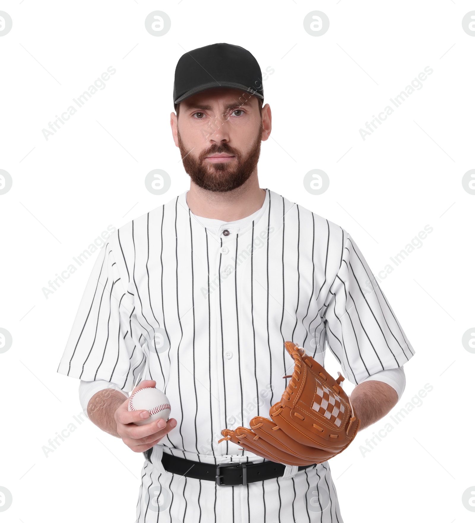 Photo of Baseball player with leather glove and ball on white background