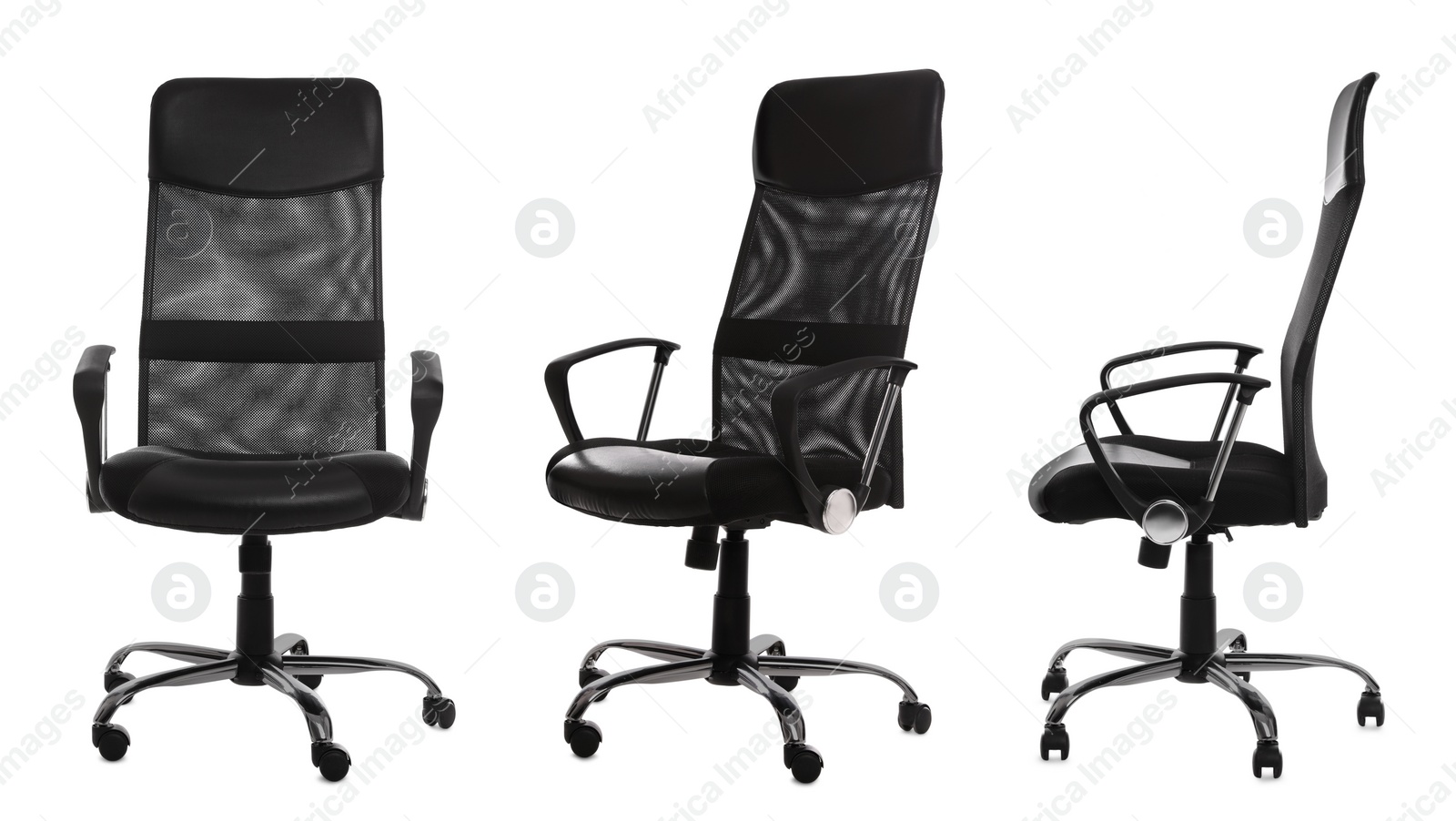 Image of Set with black office chairs with leather seats on white background