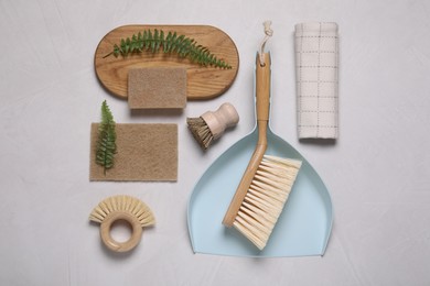 Photo of Cleaning brushes, scoop, sponges, towel and fern leaves on light grey background, flat lay