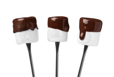 Photo of Tasty marshmallows dipped into chocolate on white background