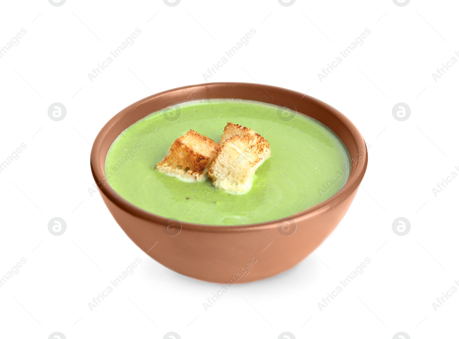 Photo of Delicious broccoli cream soup with croutons isolated on white