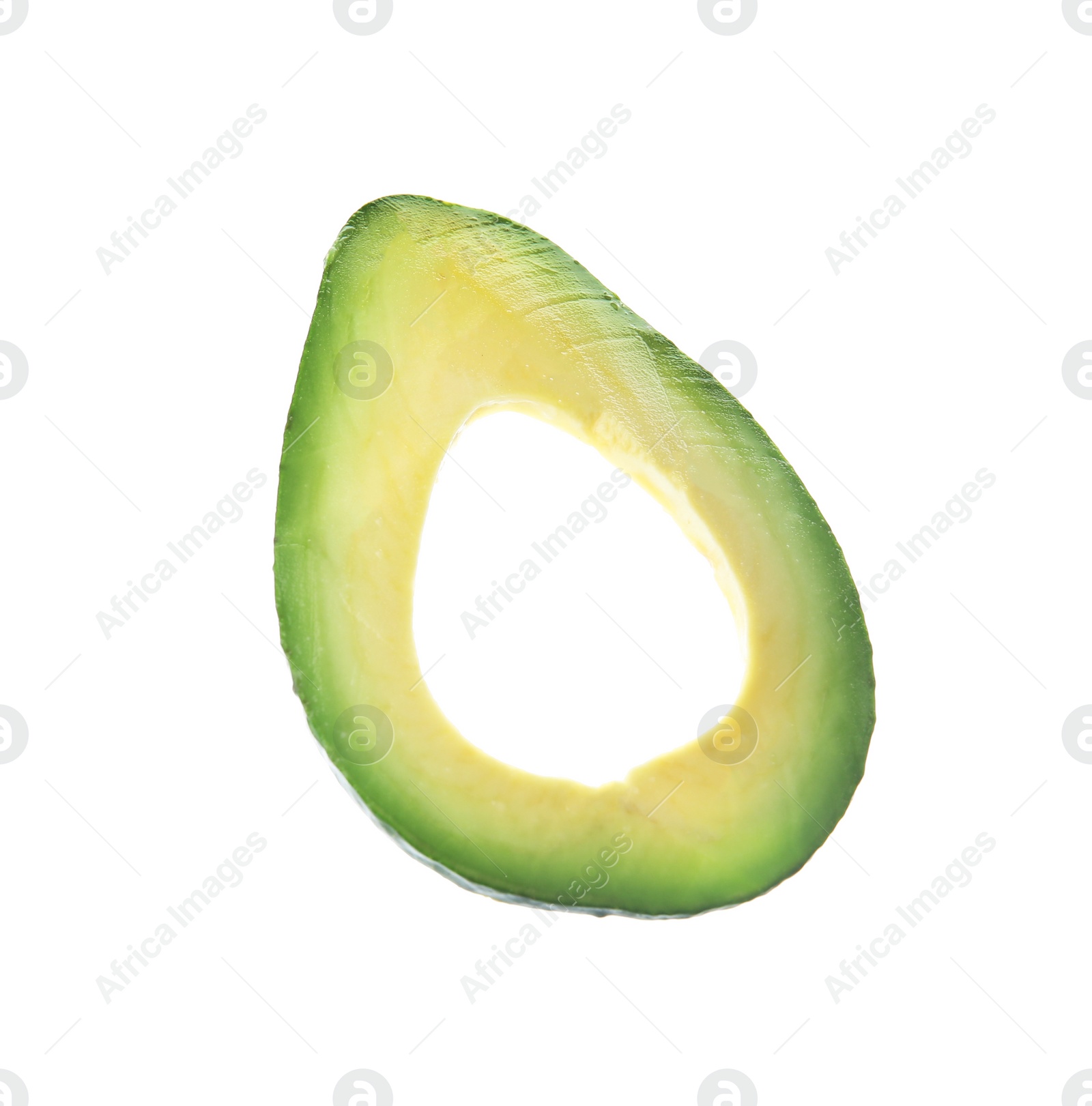 Photo of Slice of ripe avocado on white background