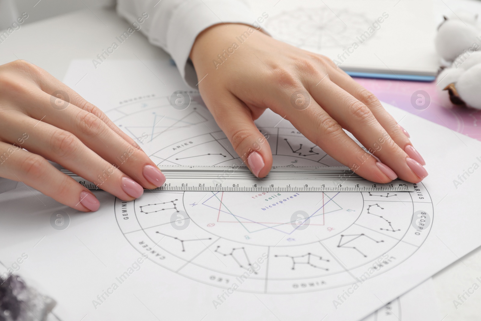 Photo of Astrologer using zodiac wheel for fate forecast at table, closeup. Fortune telling