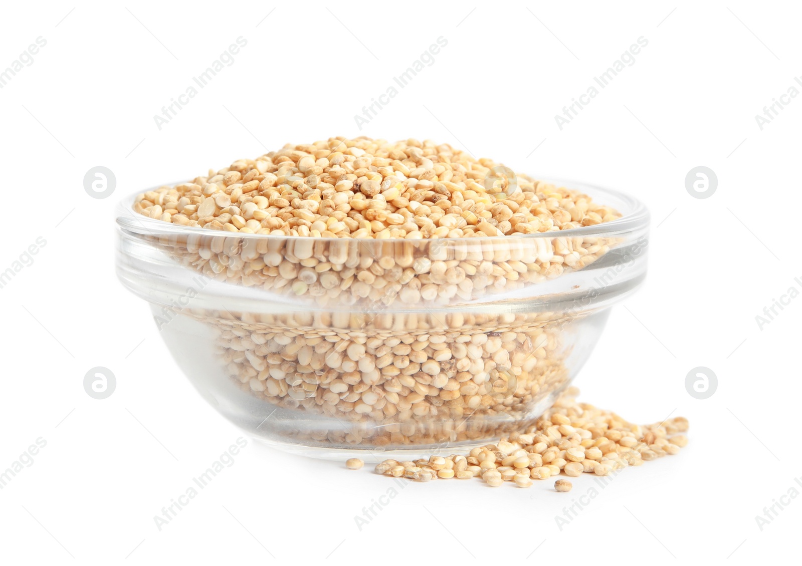 Photo of Glass bowl with quinoa on white background