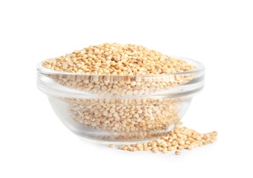 Photo of Glass bowl with quinoa on white background