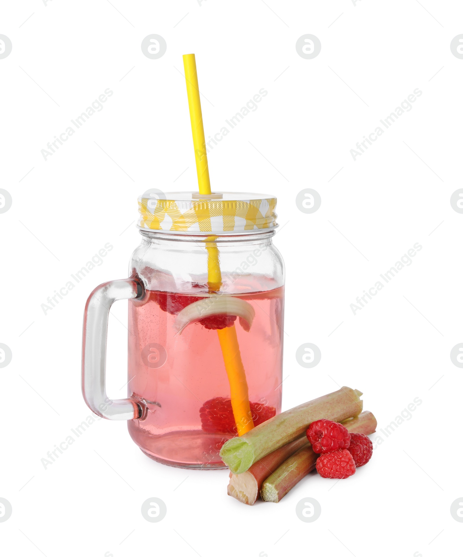 Photo of Mason jar of tasty rhubarb cocktail with raspberry and stalks isolated on white