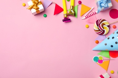 Photo of Flat lay composition with birthday party items on color background