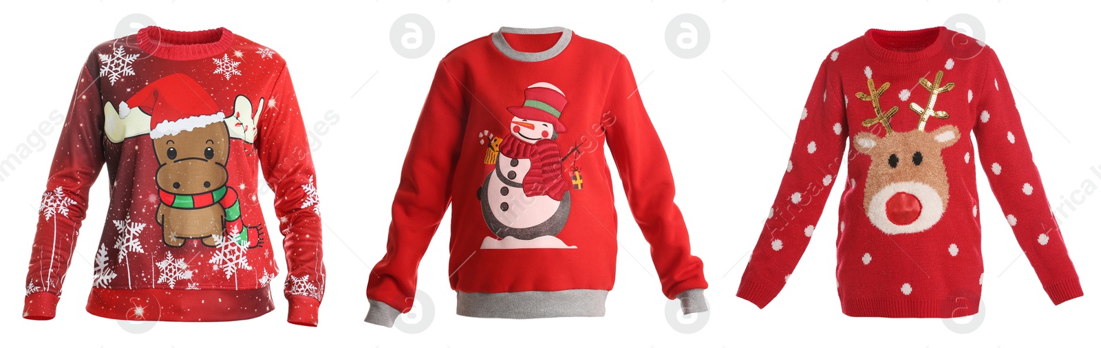 Image of Warm red Christmas sweaters on white background. Banner design