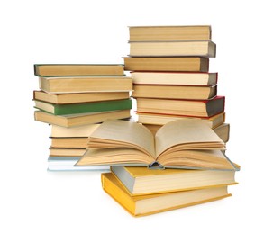 Photo of Lots of library books on white background