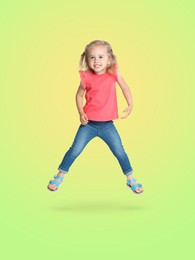 Image of Happy cute girl jumping on color gradient background