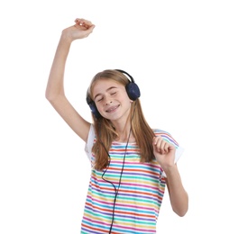 Photo of Teen girl listening to music with headphones on white background