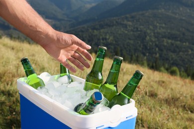 Man taking bottle of beer from cool box in nature, closeup