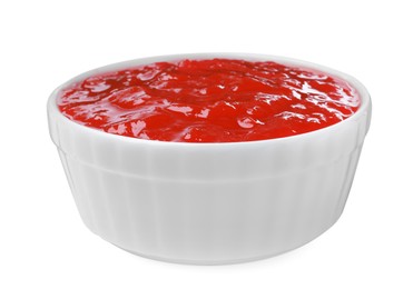 Photo of Delicious rowan jam in ceramic bowl on white background