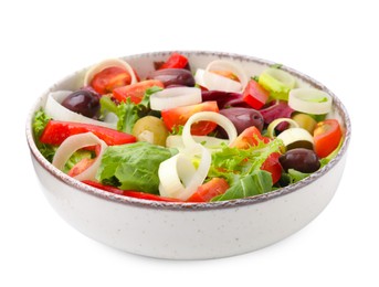 Photo of Bowl of tasty salad with leek and olives isolated on white