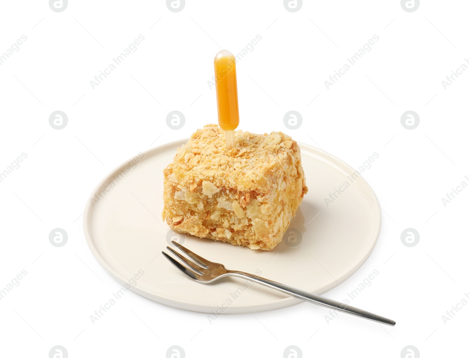 Photo of Piece of Napoleon cake with jam pipette and fork on white background