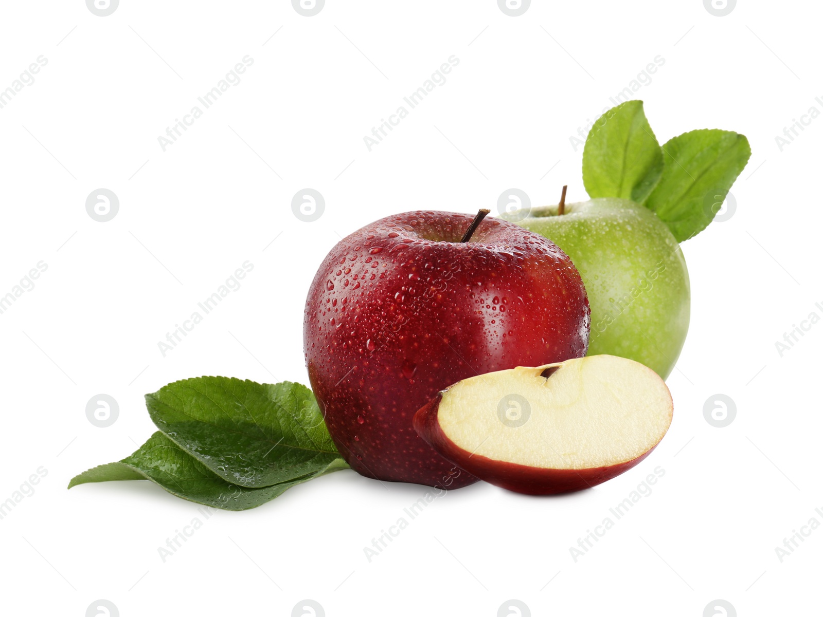 Image of Cut and whole fresh apples on white background