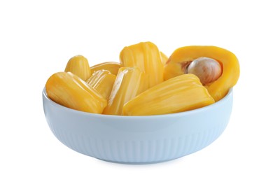 Photo of Delicious jackfruit bulbs in bowl on white background