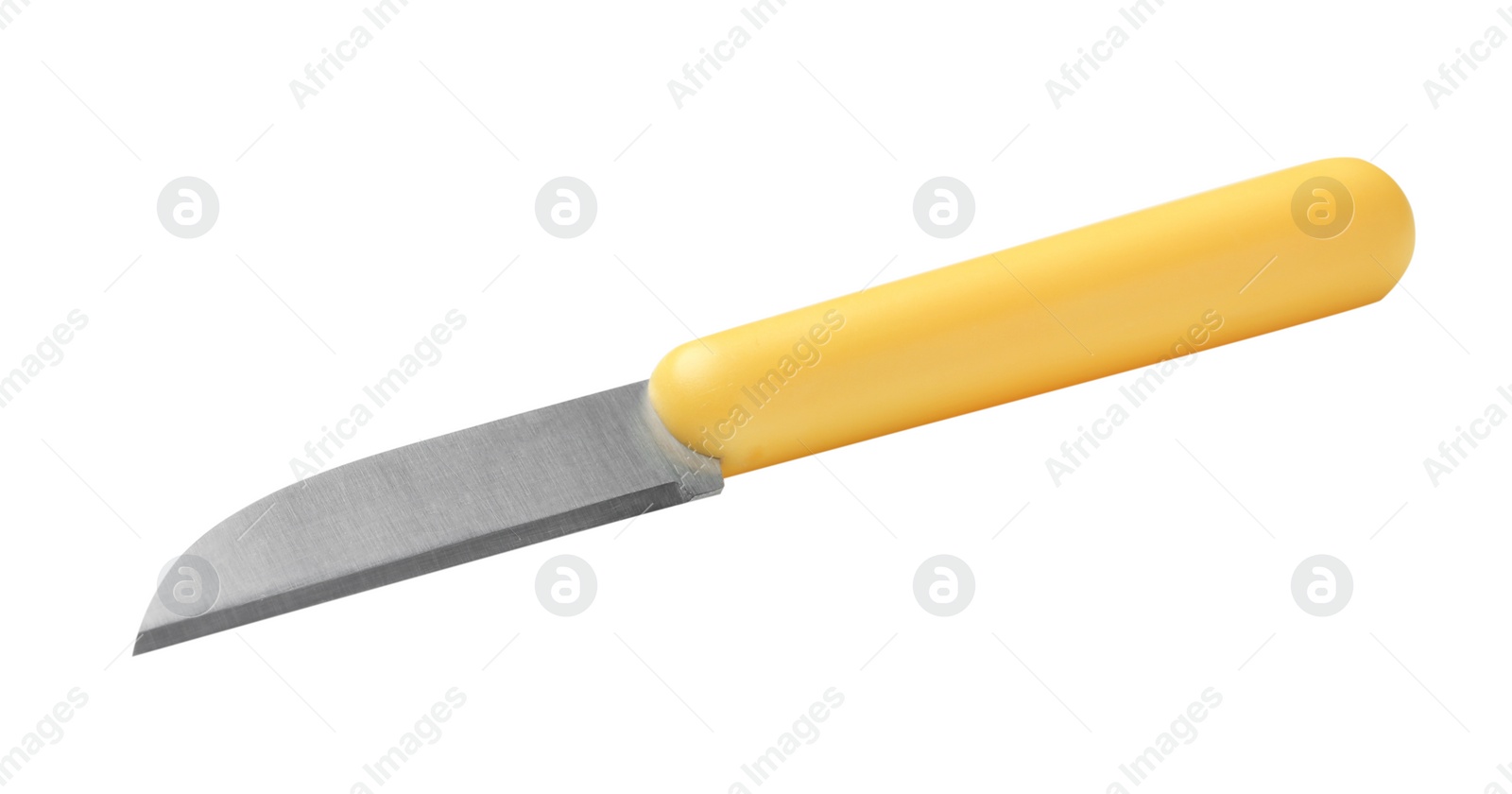 Photo of Paring knife with yellow handle isolated on white