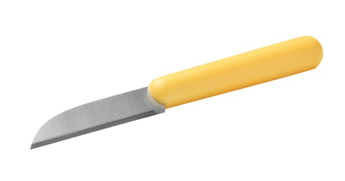 Photo of Paring knife with yellow handle isolated on white