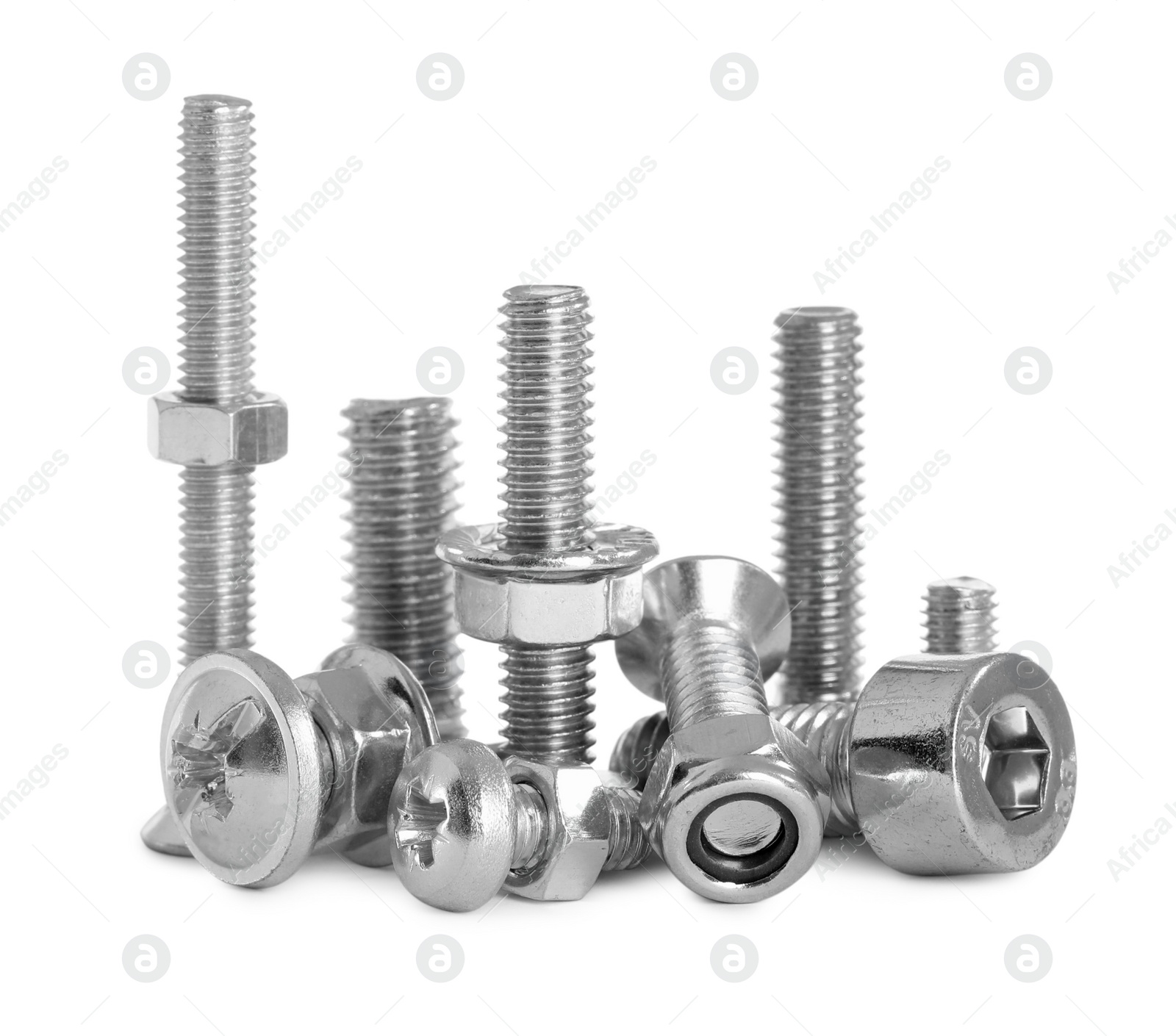 Photo of Different metal bolts and nuts on white background