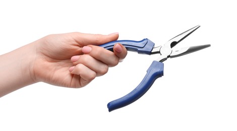 Photo of Woman with needle nose pliers on white background, closeup