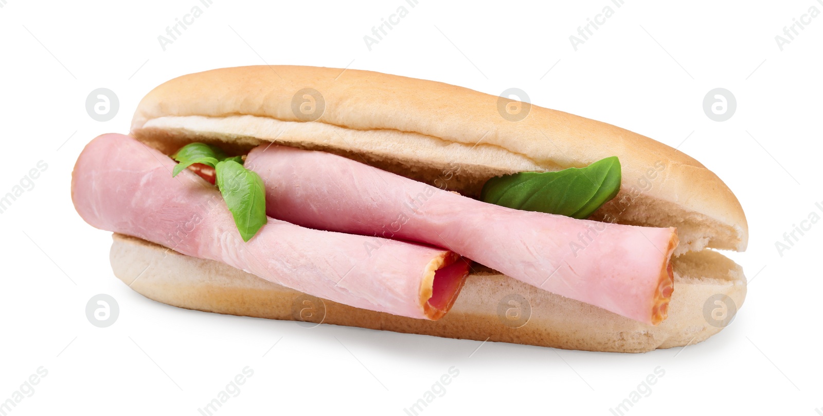 Photo of Delicious sandwich with ham and basil isolated on white