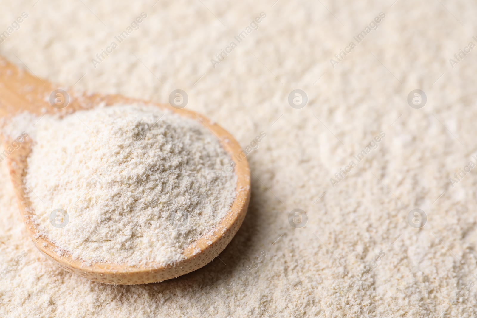 Photo of Quinoa flour and wooden spoon, closeup view