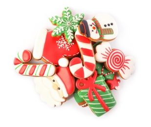 Pile of Christmas cookies on white background, top view