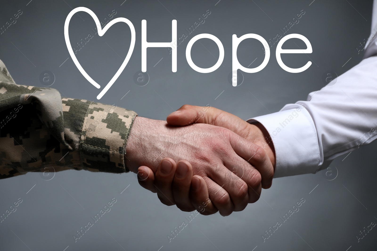 Image of Concept of hope. Soldier and man shaking hands against grey background, closeup