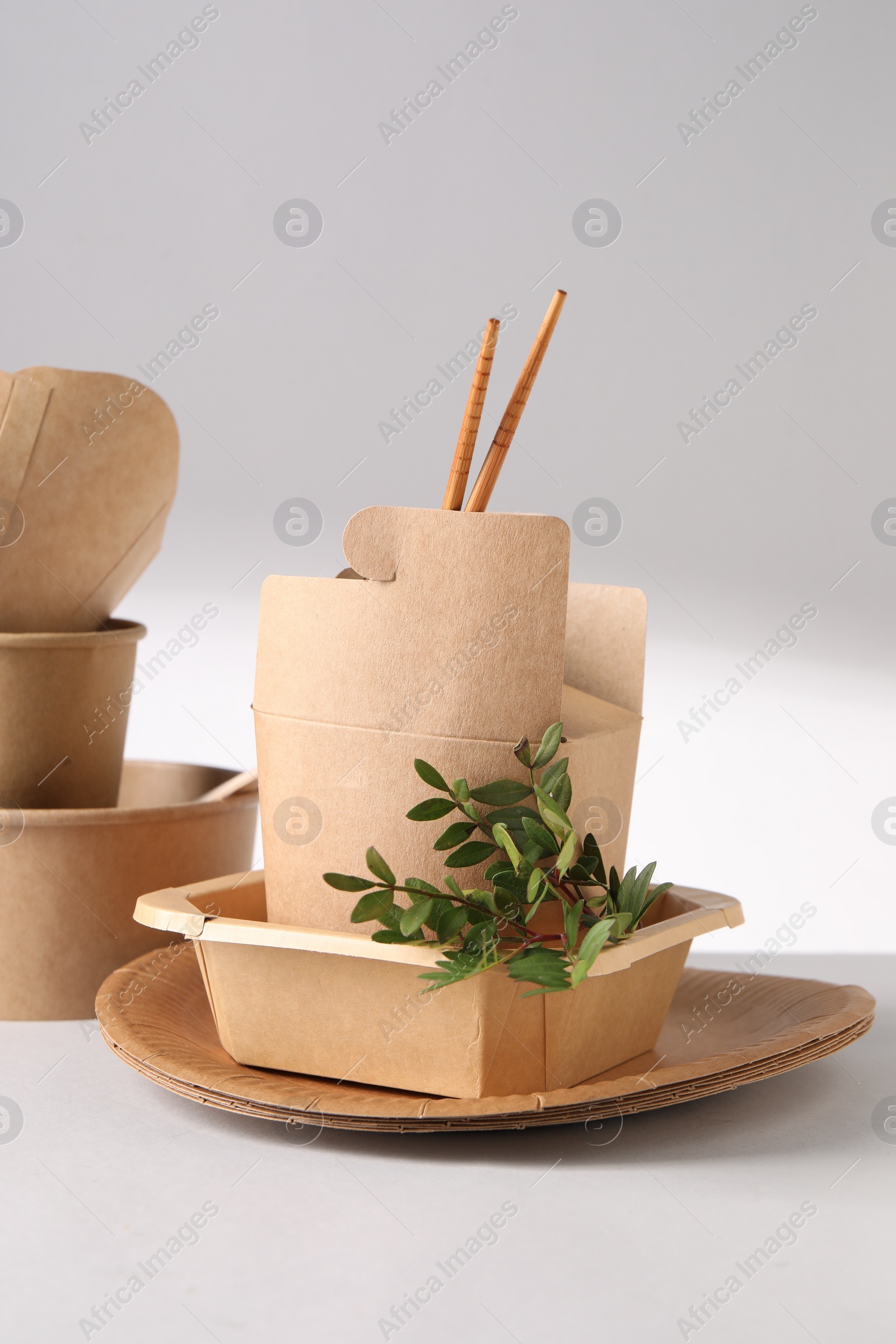 Photo of Eco friendly food packaging. Paper containers, tableware and green twigs on light background