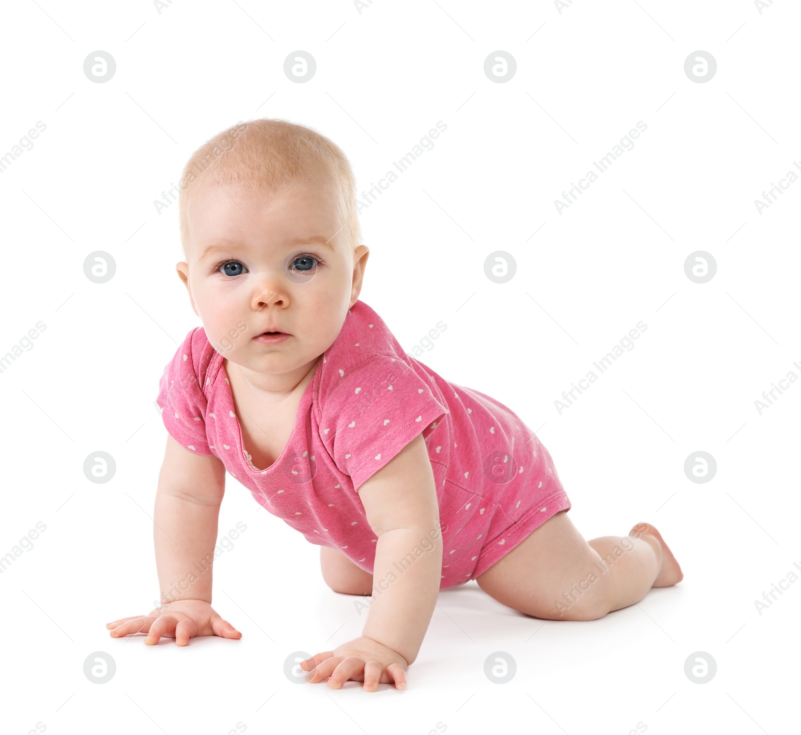 Photo of Cute little baby crawling on white background