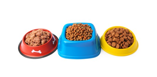 Dry and wet pet food in feeding bowls on white background