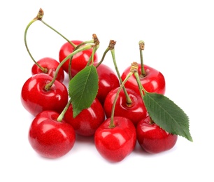 Heap of ripe sweet cherries on white background